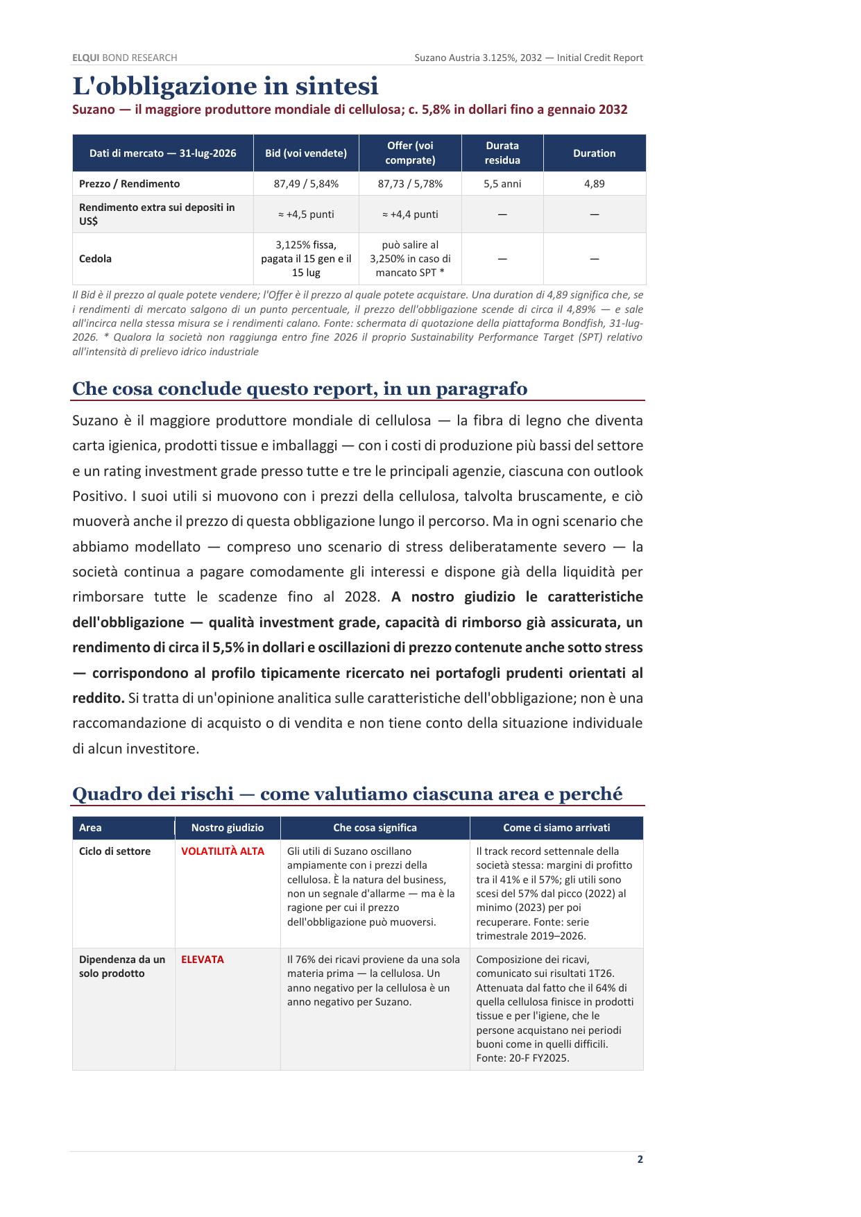 Suzano S.A., il titolo in sintesi - dati di mercato e sintesi dei rischi
